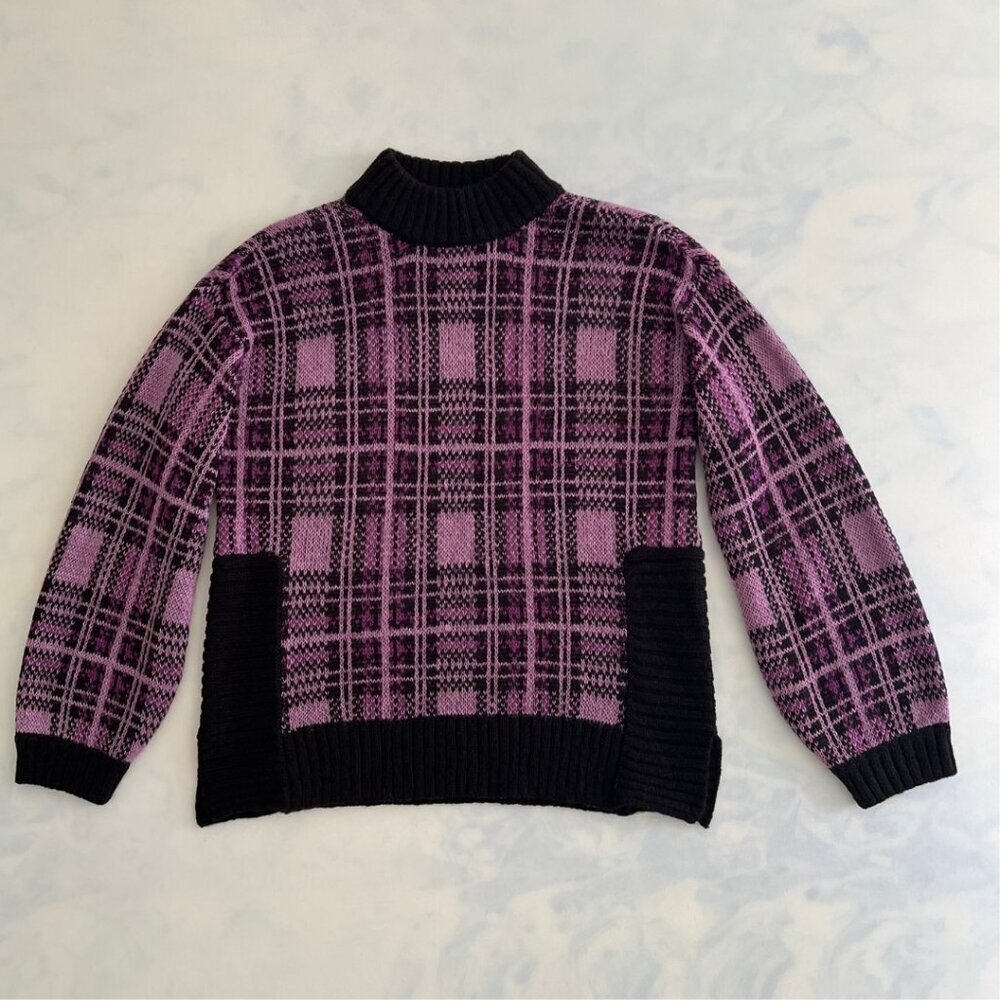 Nine West Purple & Black Plaid Knit Balloon Sleeve Mock Turtleneck Sweater